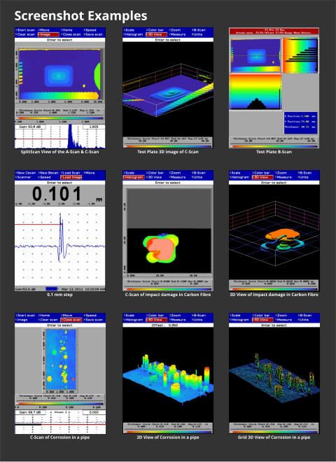 Screenshot Examples 0.1 mm step  Test Plate 3D image of C-Scan  Test Plate B-Scan   SplitScan View of the A-Scan & C-Scan  C-Scan of impact damage in Carbon Fibre  3D View of impact damage in Carbon Fibre  C-Scan of Corrosion in a pipe  3D View of Corrosion in a pipe  Grid 3D View of Corrosion in a pipe
