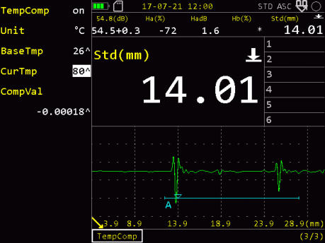 SIUI Smartor Digital Ultrasonic Thickness Gauge Screenshot Showing TempComp Function