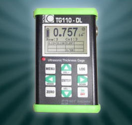 Nova TG110-DL Digital General Purpose Ultrasonic Thickness Gauge showing both thickness readings and the built-in data logger on screen