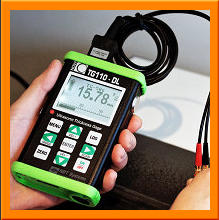 NOVA TG110-DL is our most popular ultrasonic thickness gauge in action on a corroded pipe.