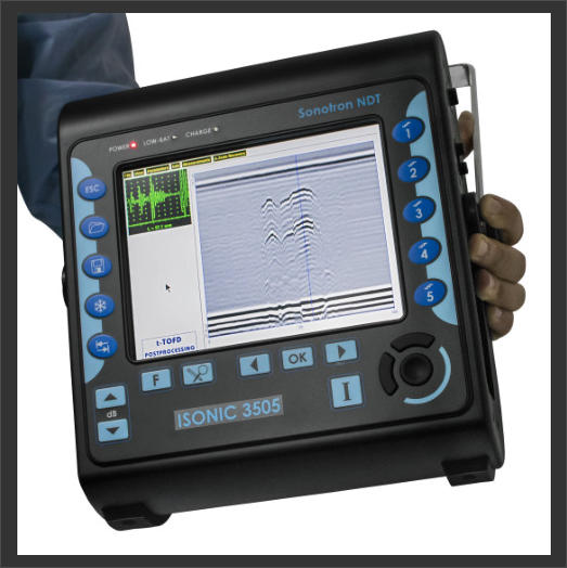 Sonotron ISonic 3505 Ultrasonic Flaw Detector showing it in action with A-Scan and TOFD displayed.