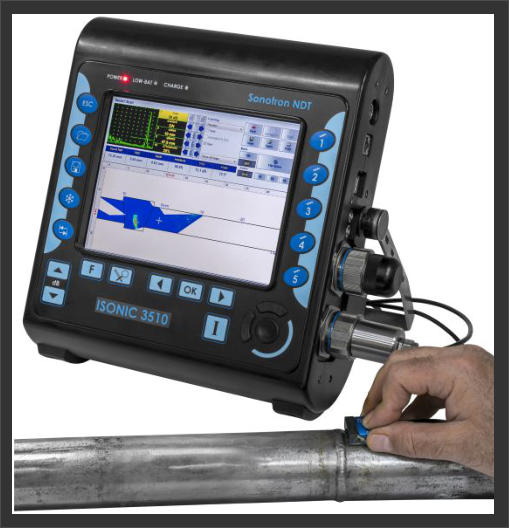 Sonotron ISonic 3510 Ultrasonic Phased Array Flaw Detector showing it in action with A-Scan & Phased Array view of welded pipe being inspected