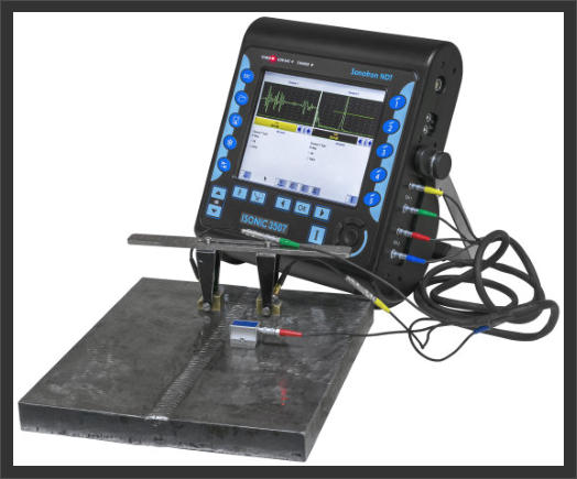 Sonotron ISonic 3507 Dual Channel Ultrasonic Flaw Detector showing it in action with both A-Scans displayed.